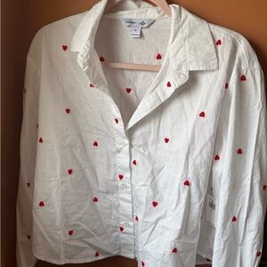 Old Navy White Button-Down Shirt with Red Heart Embroidery